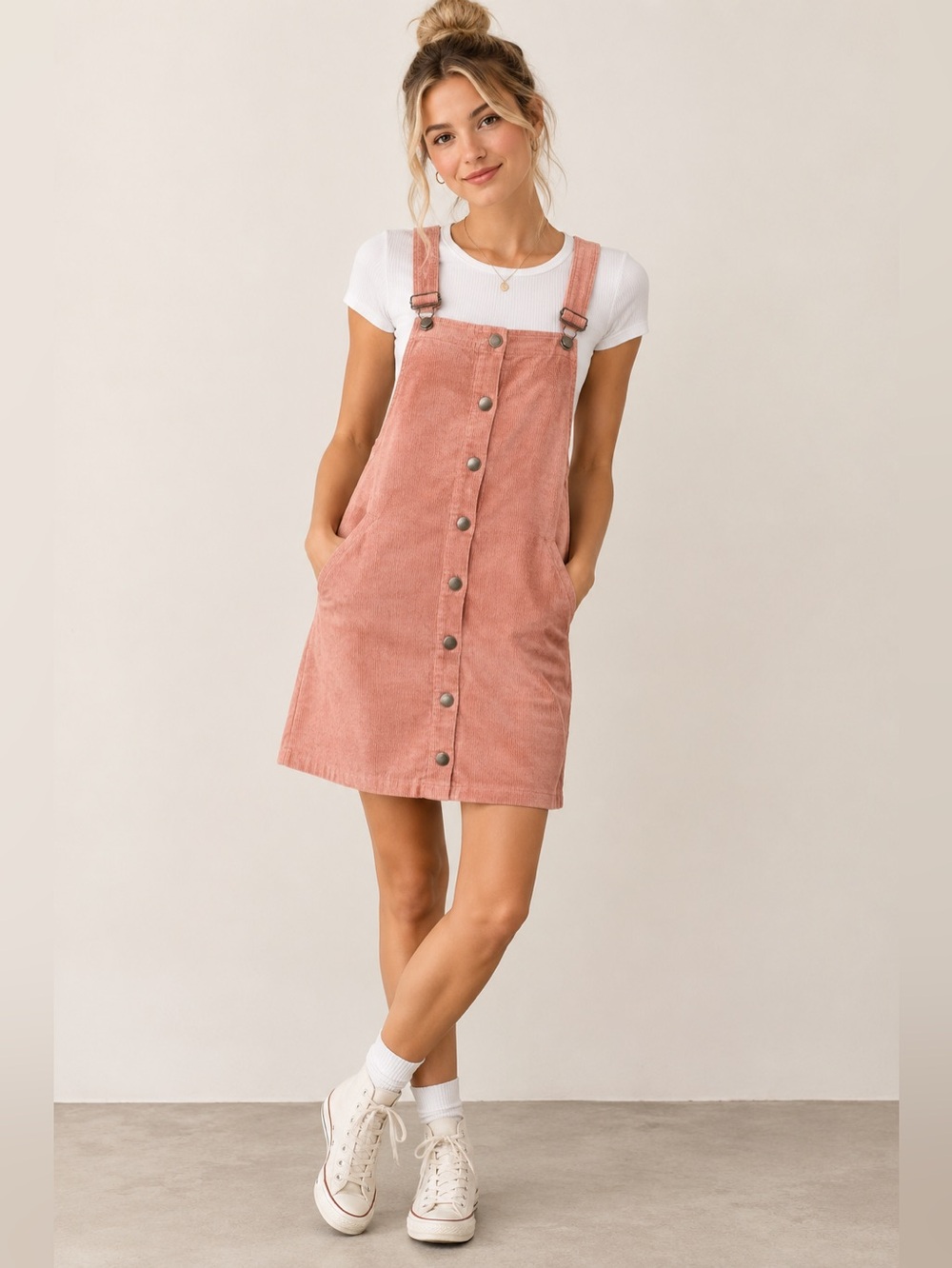 Mi Ami Francesca’s Pink Corduroy Overall Pinafore Dress Size M